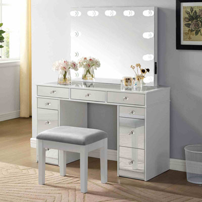 Ensemble de meuble-lavabo de style contemporain avec tabouret avec tiroirs de rangement en verre et miroir central avec ampoules USB et prise de courant au fini blanc et gris
