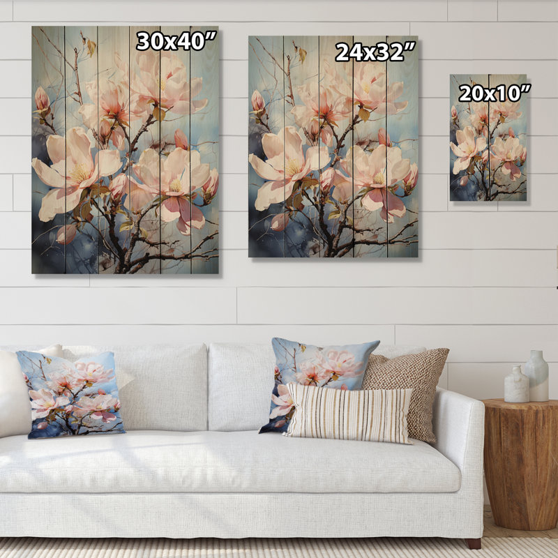 Magnolias blanc et rose sur fond blanc, H 40 po x l 30 po x P 0,78 po
