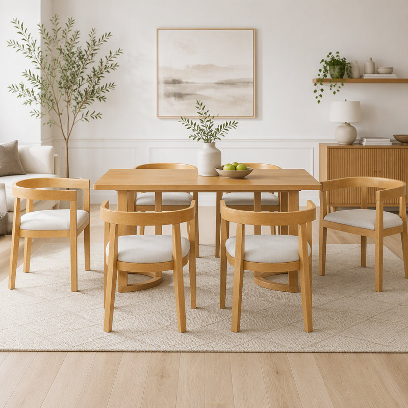 Ensemble de salle à manger 7 pièces avec chaises à dossier arrondi et table en bois, Naturel