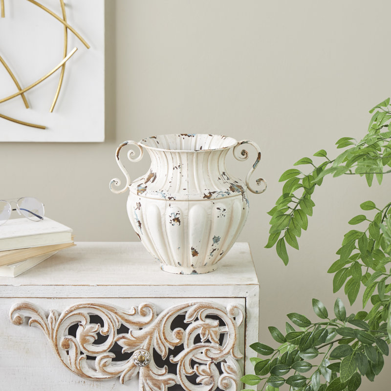 Cole And Grey Metal Vintage Amphora Vase With Brown And Teal Distressing And Scroll Handles