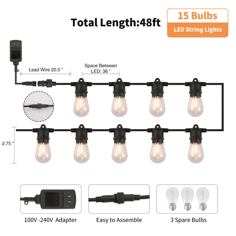 Shults 48' Outdoor LED 15 - Bulb Standard String Light (End to End Connectable)