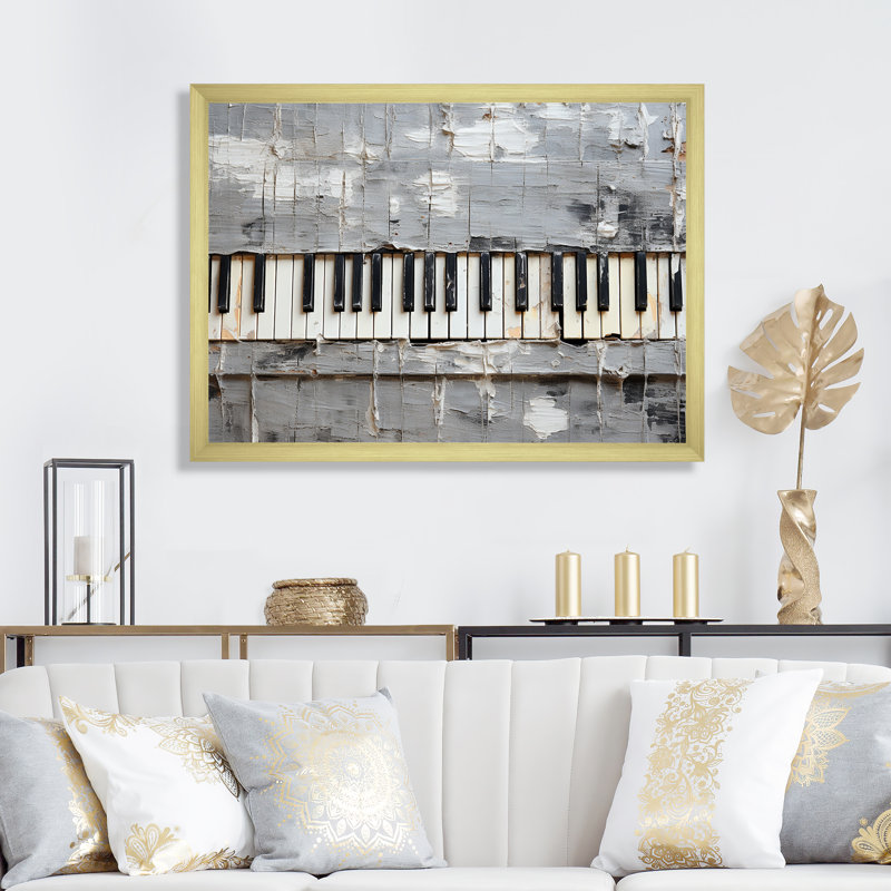 Minimalisme, touches de piano grises et blanches - musique, art mural de piano pour le salon, Cadre d'angle fermé doré