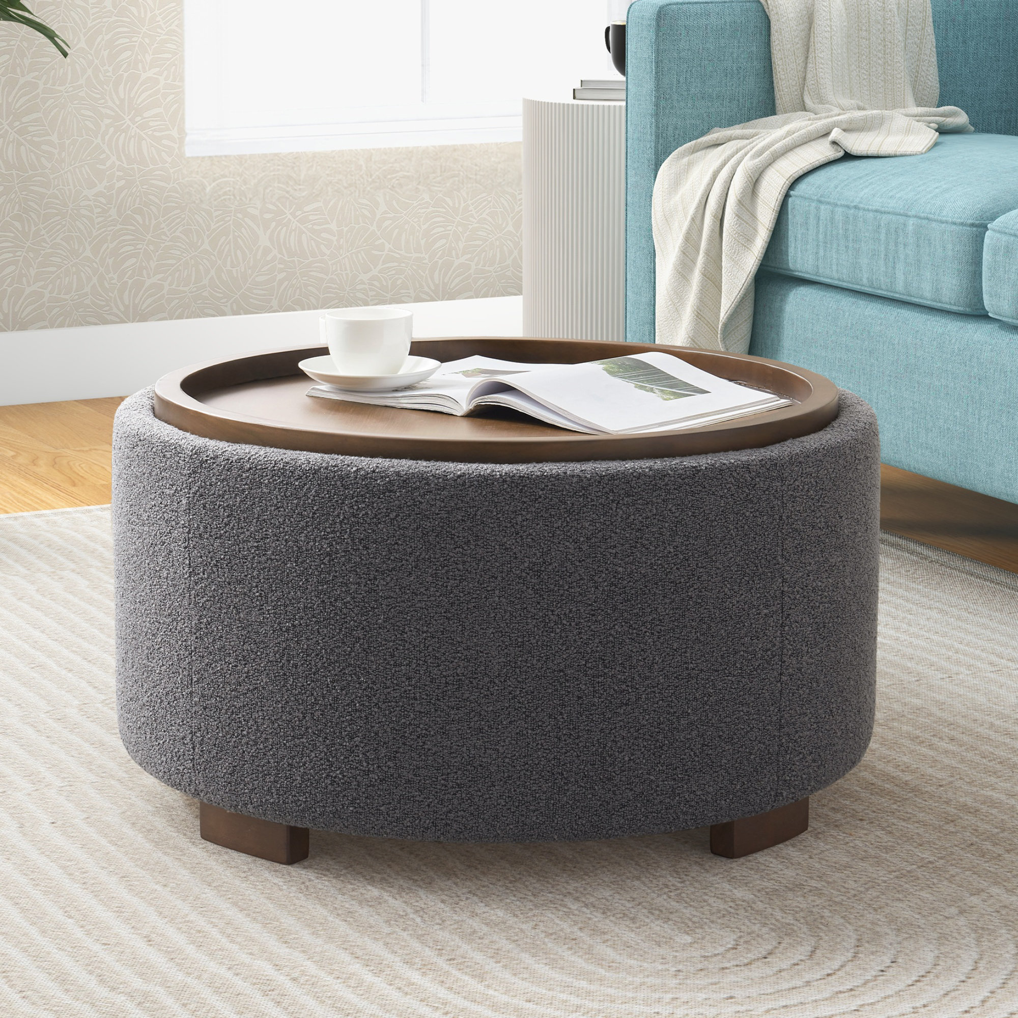 Caysey 30.1" W Upholstered Round Storage Ottoman with Wooden Tray - Gray