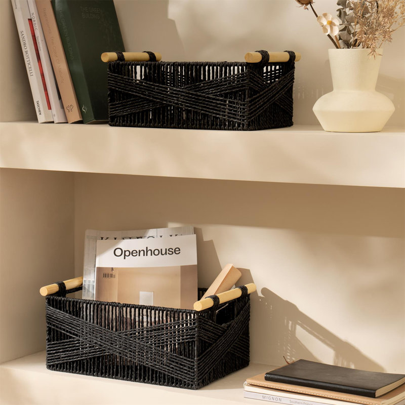 Paper Rope Basket with Wooden Handles, Black