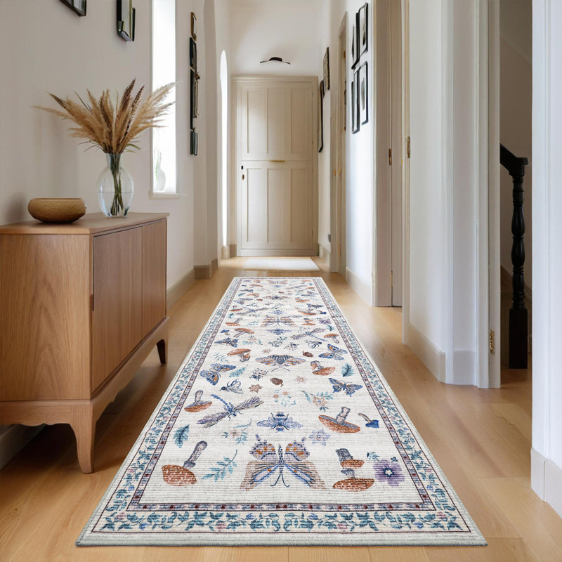 Floral Machine Washable Rug with Non-Slip Backing, Soft Thin Low Pile Non Shedding Floor Carpet, Indoor Foldable Printed Accent Mat for Living Room/Nursery/Bedroom