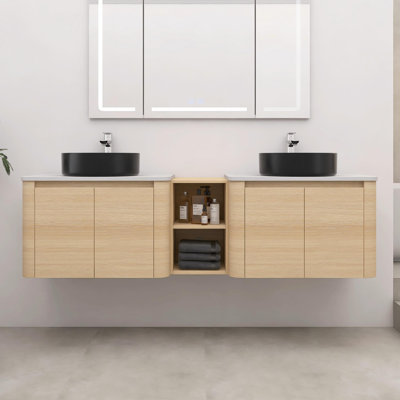 Meuble-lavabo mural double 72 po avec éviers d'art en céramique et 1 tablette de rangement, chêne blanc américain