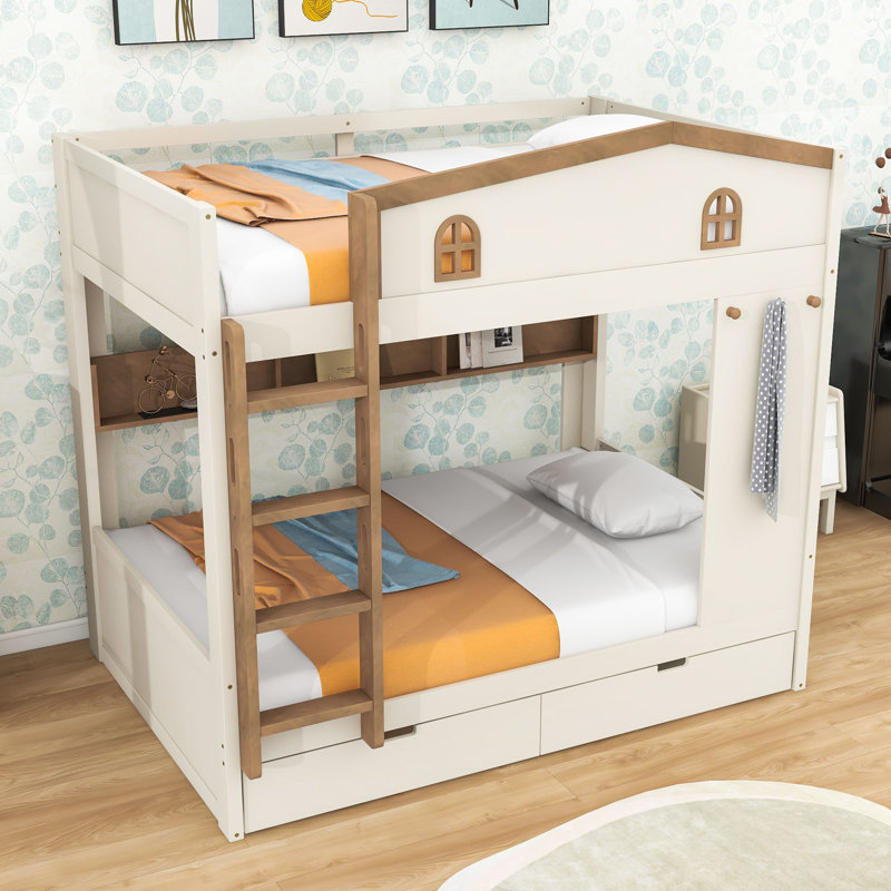 Lit superposé double en bois avec tablettes intégrées, tiroirs et crochets d'organisation