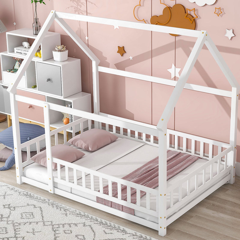 Ashton Floor Wooden Bed With House Roof Frame, Fence Guardrails, Full, White