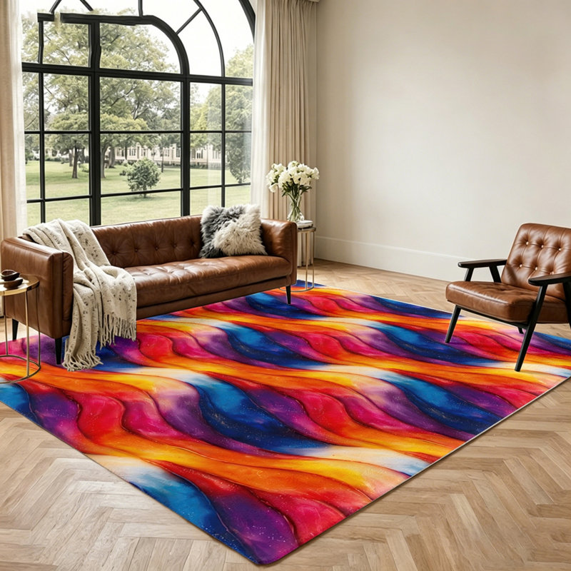 Abstract Wave Area Rug, Vibrant Colors Floor Protector, Artistic Design Non-Slip Machine Washable Shag, Indoor Mat for Living Room Bedroom Entryway Home Office Dining Spaces