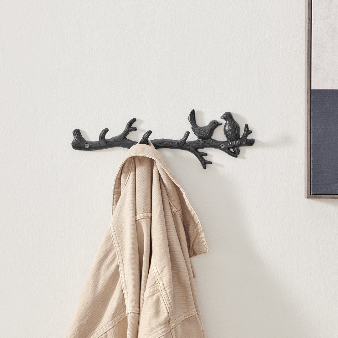 Dark Brown Cast Iron Birds On Tree Branch Decorative Wall Sculpture Utility Hook Unit With 4 Hooks Winston Porter