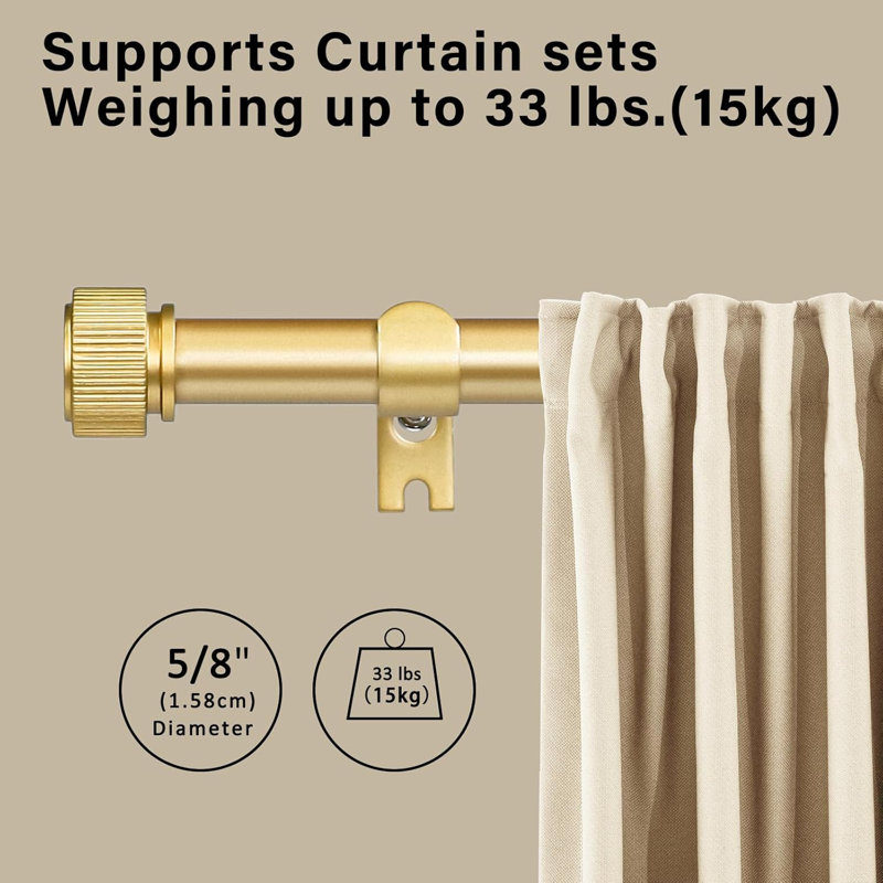 Ensemble de tringle à rideaux simple ajustable de 5/8 po de diamètre avec embouts de poignee, 84" - 120", Or mat