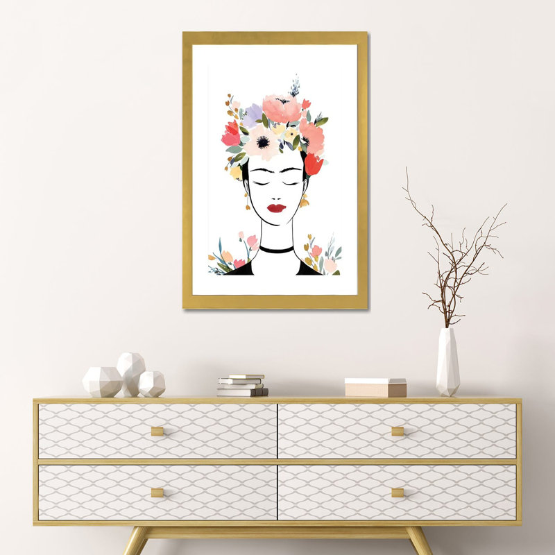 «Flower Crown Frida I» par Isabelle Z - impression d'art graphique, H 24 po x l 16 po x P 1 po, Papier encadré doré, Blanc