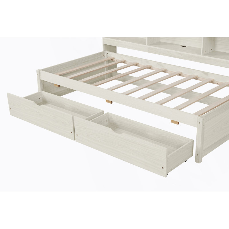 Cadre de lit simple avec tablettes latérales, deux tiroirs et port USB intégré pour couleur blanc crème, Blanc crémeux