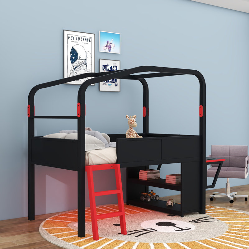 Lit mezzanine bas avec bureau et ports USB, lumières DEL et armoires de rangement, Twin