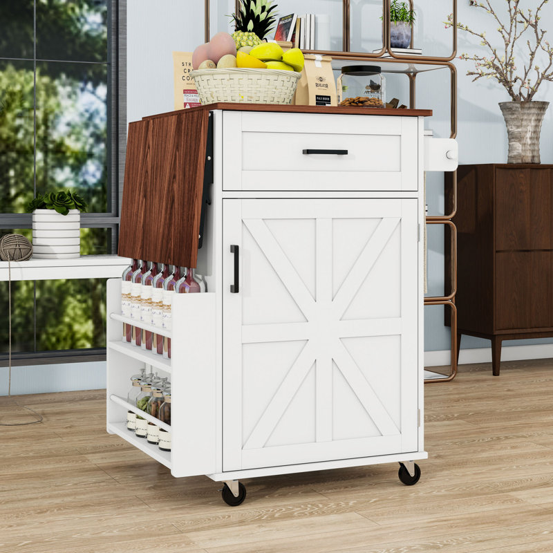 Kitchen Cart with Folding Drop Leaf, Drawer, Adjustable Shelf, Open Side Storage and Towel Bar, White