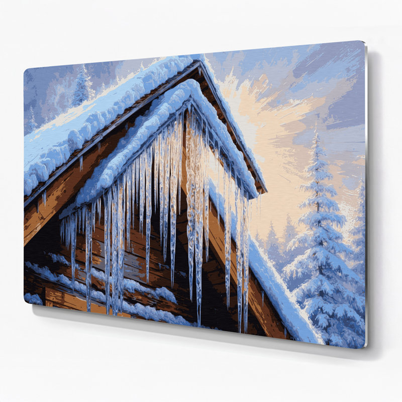 Glaçons de Noël suspendus à un toit de cabane, art mural en métal bleu, H 20 po x l 30 po