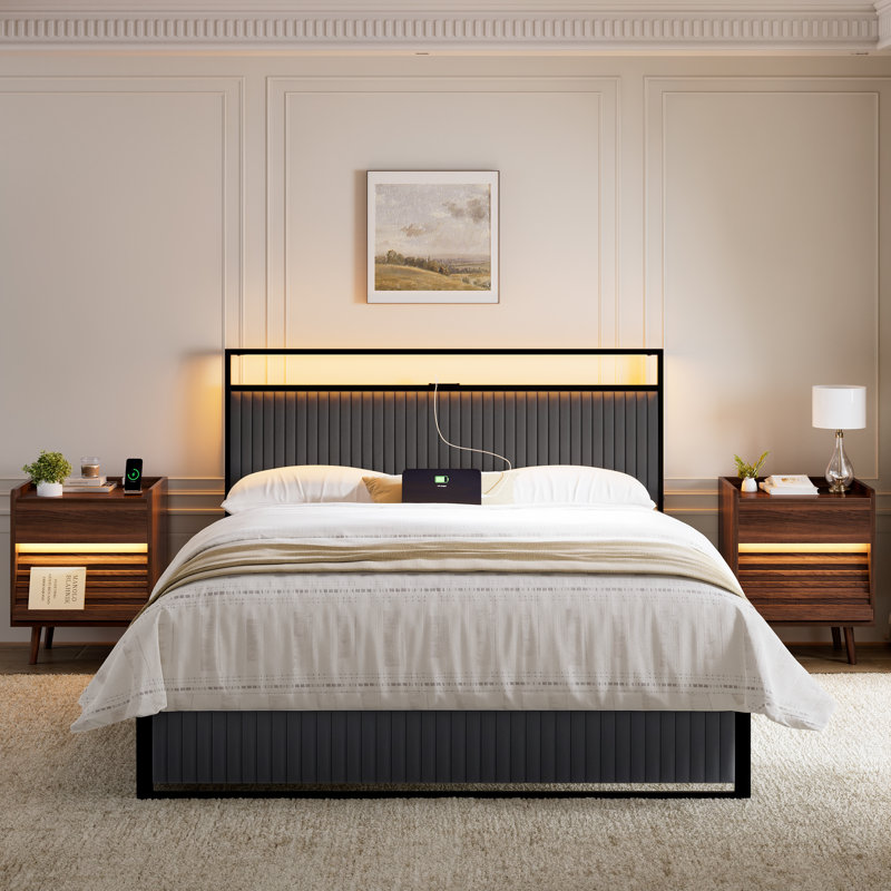 Ensemble de chambre à coucher 3 pièces Grise, lit tapissier avec 2 tiroirs et 2 tables de chevet inclinées, Gris/noyer