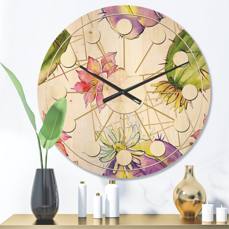 Horloge murale en bois vert à motif de cactus vert, Petit