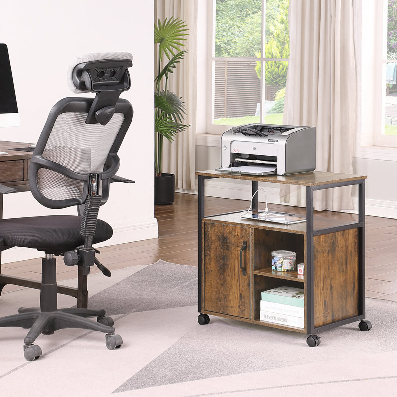 Support d'imprimante de bureau et classeur avec zones de rangement pour lettres A4 intégrées, structure latérale en métal, assemblage simple, ports rustiques d'apparence brune et noire, compartiments dimensionnels, stabilité du cadre,