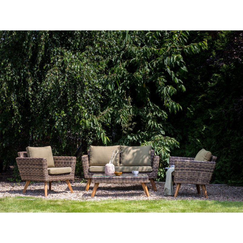 Avriana Wicker 4 - Person Garden Lounge Set with Cushions, Olive Green