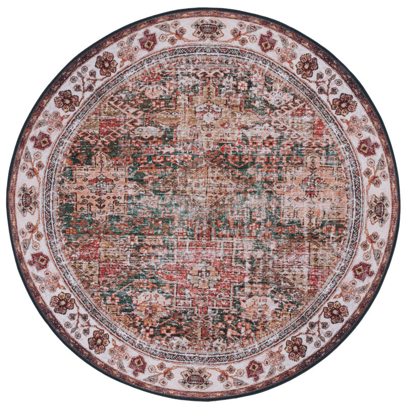 Pashen Oriental Red/Green/Yellow/Ivory Area Rug, Round 4'
