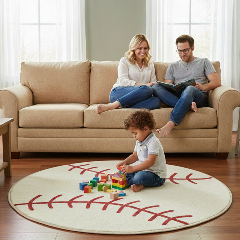 Furnish My Place Niemann Baseball Round Play Area Rugs for Kids | Round Shaped | Kindergarten Classrooms and Playrooms | Contemporary Design| Multicolor 