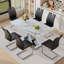 Ensemble de salle à manger à pieds en acier inoxydable avec plateau en verre trempé blanc de 63 pouces et 6 fauteuils en forme de U de style minimaliste moderne-1498455320