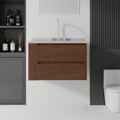 Meuble-lavabo flottant avec lavabo, tiroir à fermeture en douceur, comptoir et dosseret en marbre de granite blanc de 2 po