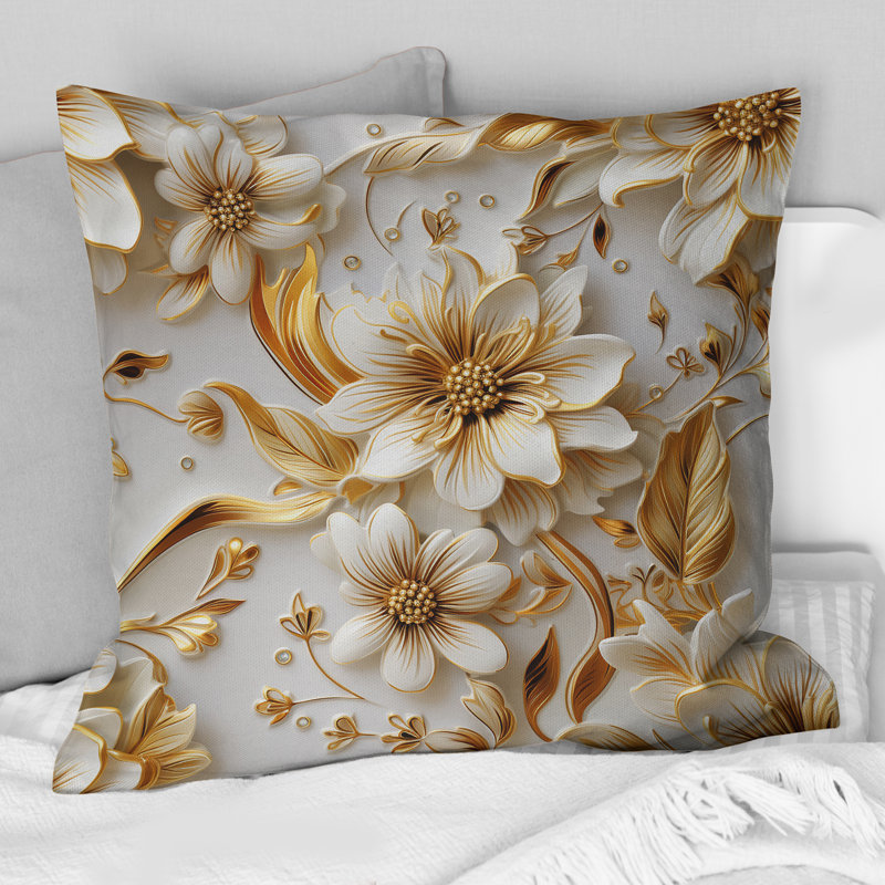 Golden White And Blue Flowers Elegance III - Marble Printed Throw Pillow, 18" x 18"