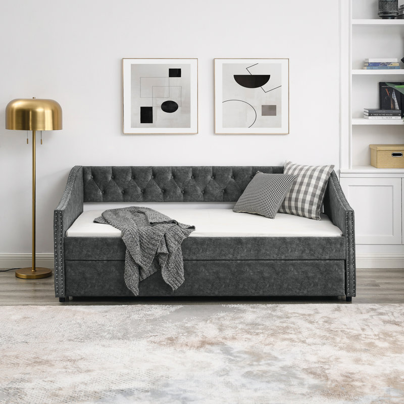 Daybed With Twin Size Trundle Upholstered Tufted Sofa Bed, With Button On Back And Copper Nail On Waved Shape Arms, Gray
