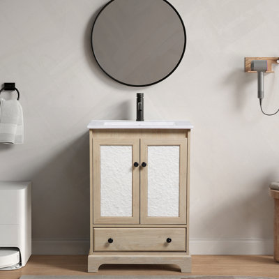 Base de meuble-lavabo de salle de bain avec porte à motif floral sculpté et prête à assembler