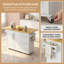 Chariot pour îlot de cuisine blanc 43 po avec plateau en bois massif pliable, 3 tiroirs, armoire à 2 portes, porte-épices et serviettes, roues verrouillables