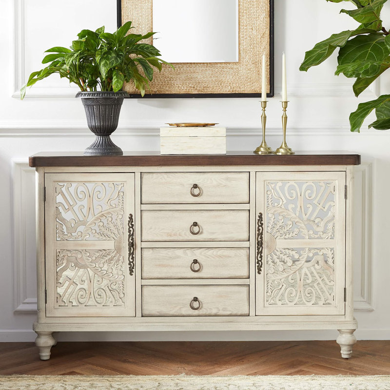 Console 2 portes et 4 tiroirs en blanc antique