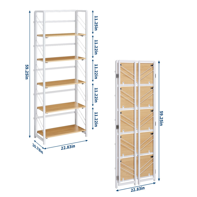 White Frame with Brown Wood 5-Tier Folding Office Bookshelf Vintage Bookcase Storage Rack Sturdy Metal Frame Space-Saving Organizer