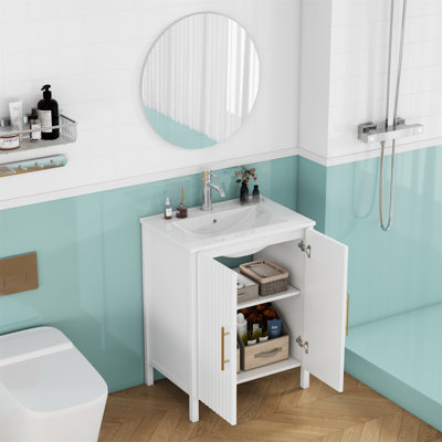 Meuble-lavabo 24 po avec lavabo, meuble-lavabo à panneau ondulé blanc brillant avec poignées en métal doré, tablette réglable, meuble de rangement autoportant moderne pour salle de bain