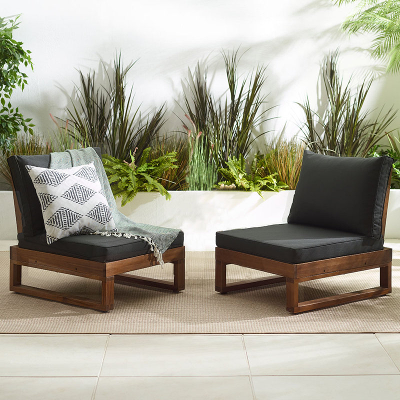 Temmy Solid Wood 2 Garden Chairs - Outdoor Patio Lounge for Modern Garden Dining, Black Cushion/Walnut Frame