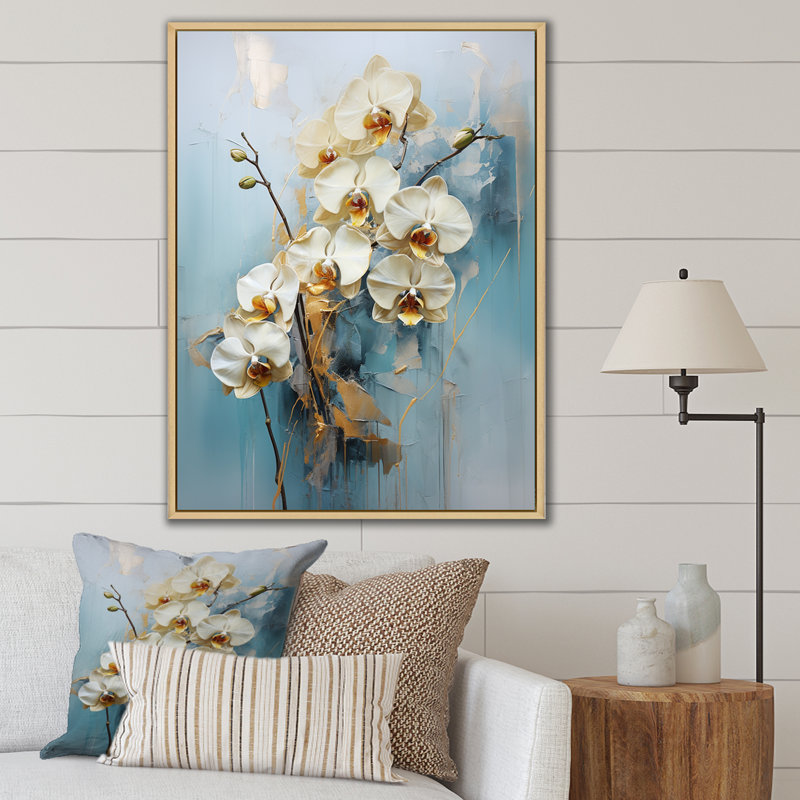 Orchidée bleue et bleue sur toile, Cadre naturel flottant, H 44 po x l 34 po