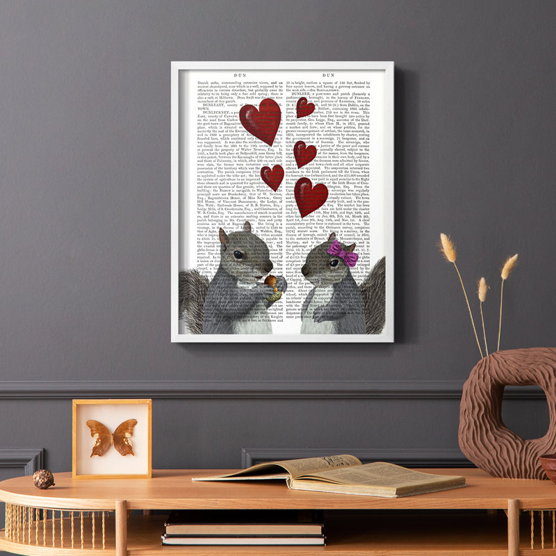 Squirrel Love Framed Print - Solid Wood, White Single Picture Framed, 14" H x 11" W