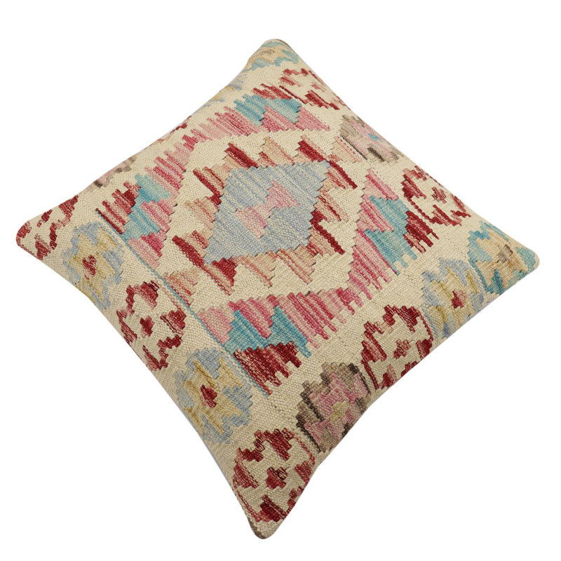 Tribal Kilim Pillow No Decorative Addition Throw Pillow, 17"H x 18"W, Beige/Red/Blue Turkish 2