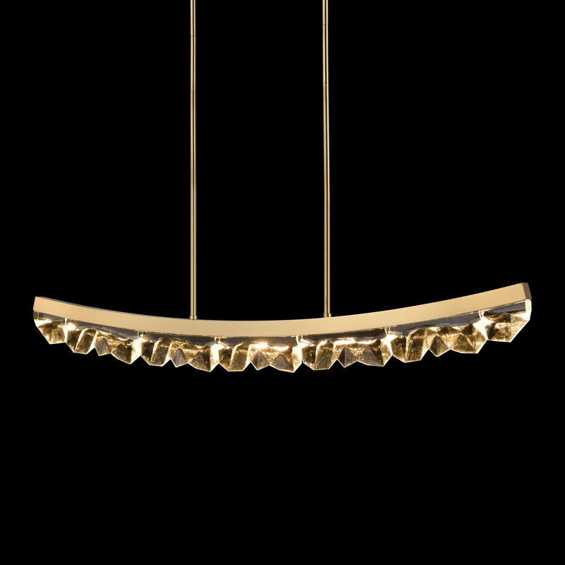 Luminaire suspendu linéaire incurvé en cristal 32 "à DEL 3CCT, H 53,63 po x l 57,13 po x P 1,75 po, Laiton vieilli
