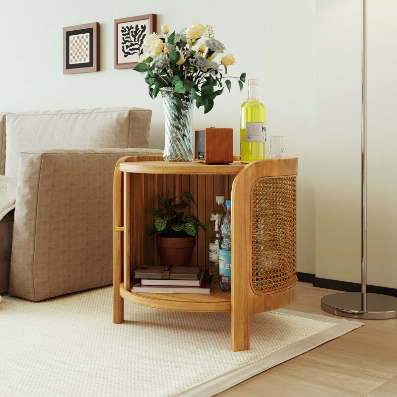 Table basse rotative de style rotin avec rangement caché