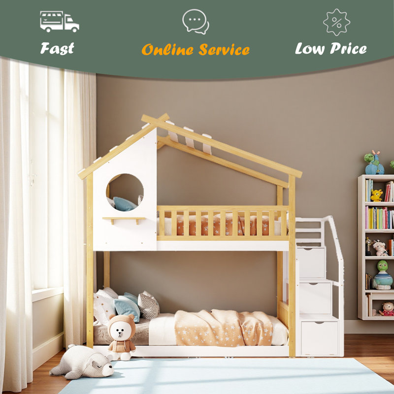 Stairway Twin-Over-Twin Bunk Bed,House Bed,Storage And Guard Rail,Natural Bed +White Stair
