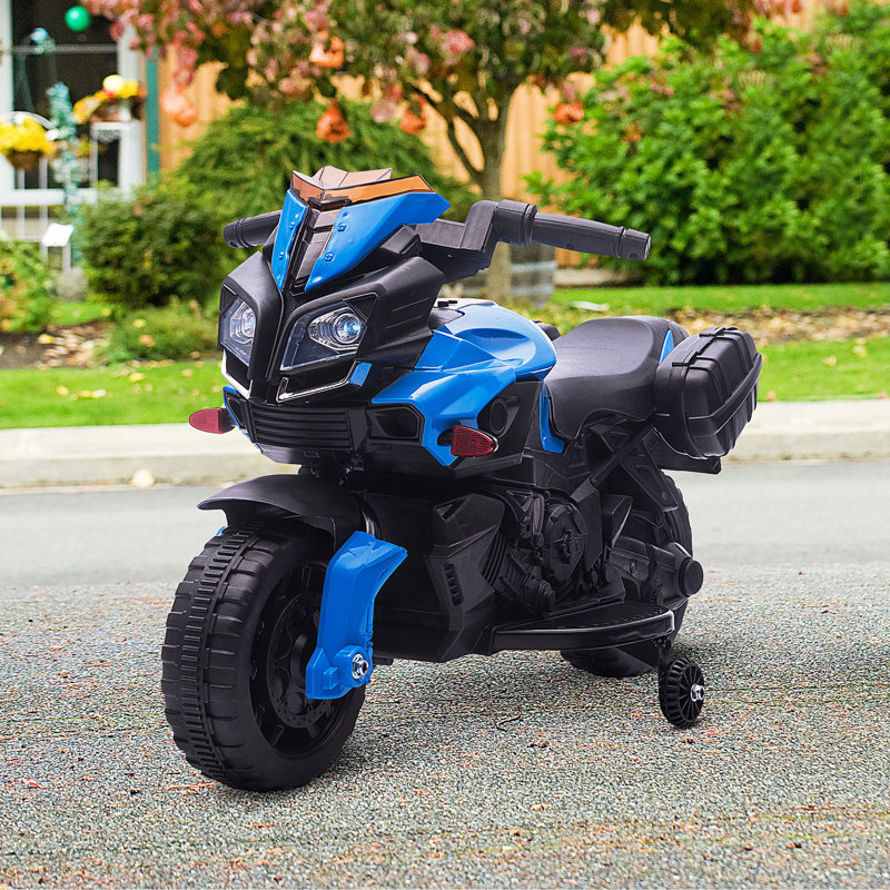 Blue 6-Volt Kids Electric Ride-On Motorcycle with Training Wheels