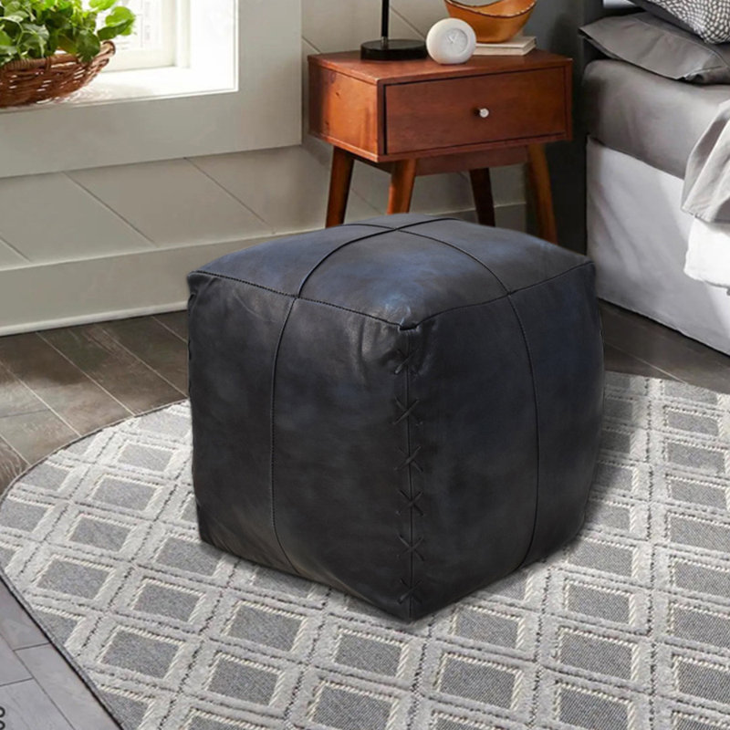 BBH HOMES HANDMADE ECO-FRIENDLY SQUARE SHAPED STUFFED BUFFALO LEATHER VINTAGE BLUE POUF - 18" x 18" x 18", Square Shape, Vintage Blue, Plain Solid Design, Genunie Buffalo Leather, Recycled Cotton Stuffed, Seating Pouf For Living & Study Room, Patio