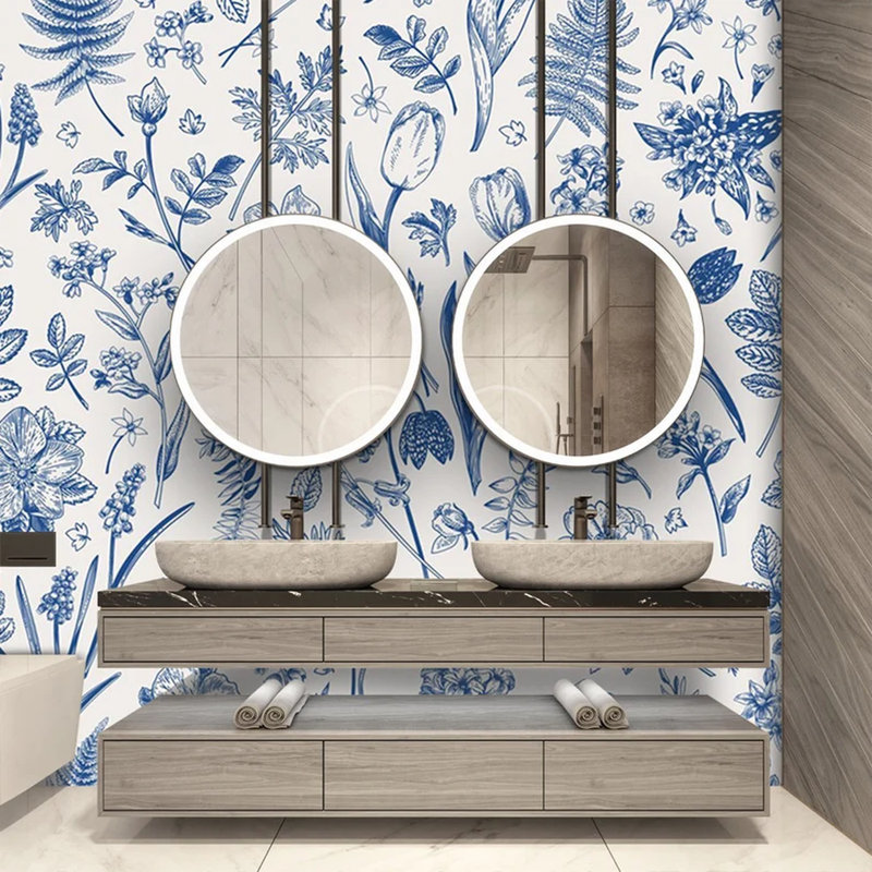 Blue Botanical Harmony - Papier peint floral style encre rétro, L 96 po x l 108 po