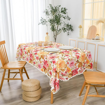Pom Pom Tassel Rectangle Linen Textured Decorative Table Cloth for Indoor Outdoor Hermosa Floral