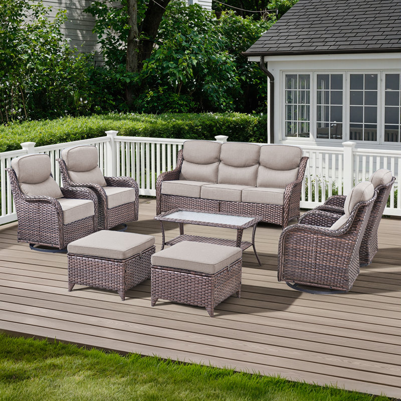 7-9 Person Outdoor Wicker Patio Conversation Set With Swivel Chairs And Coffee Table, Beige, Brown
