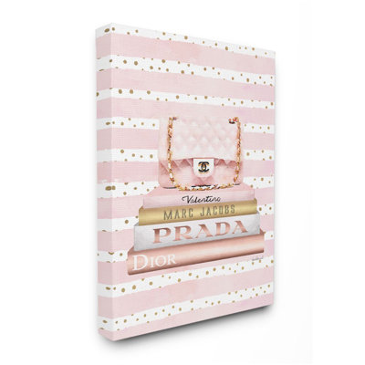 " Pink Designer Bag On Fashion Bookstack Over Pattern " by Amanda Greenwood