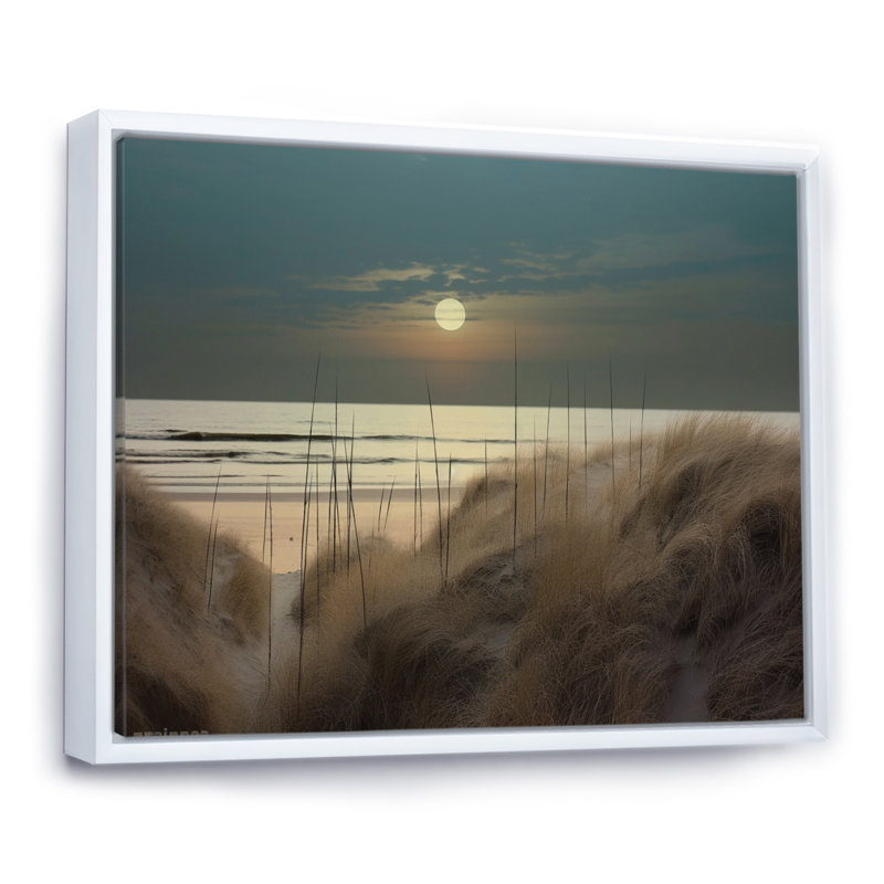 Pleine lune se levant à travers l'herbe de la plage sur toile, Cadre flottant blanc, H 16 po x l 32 po x P 1 po
