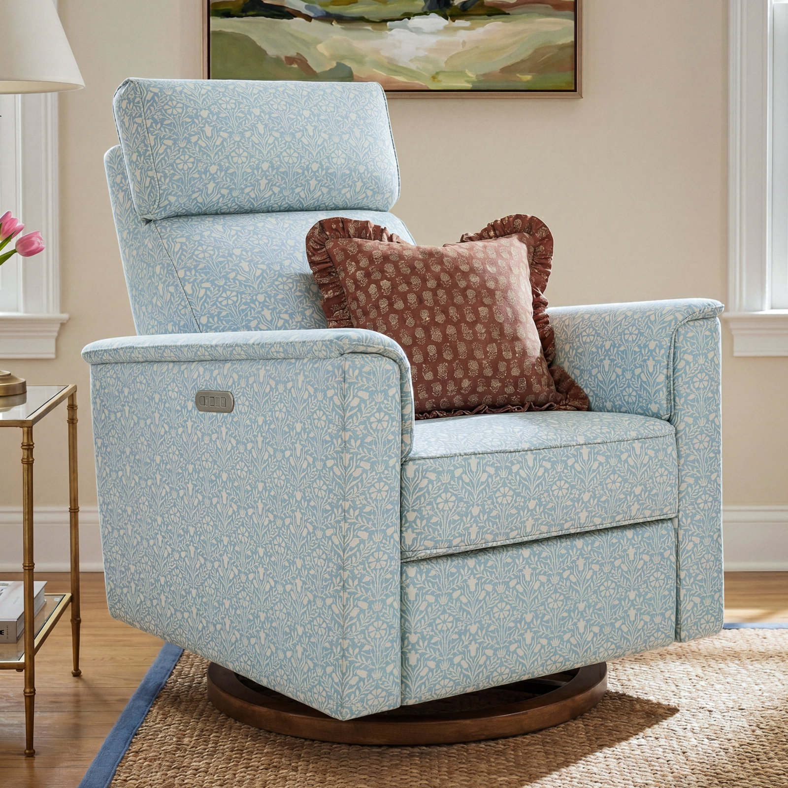 Morris & Co. Glider, Bellflowers in Powdered Blue Performance Eco-Weave